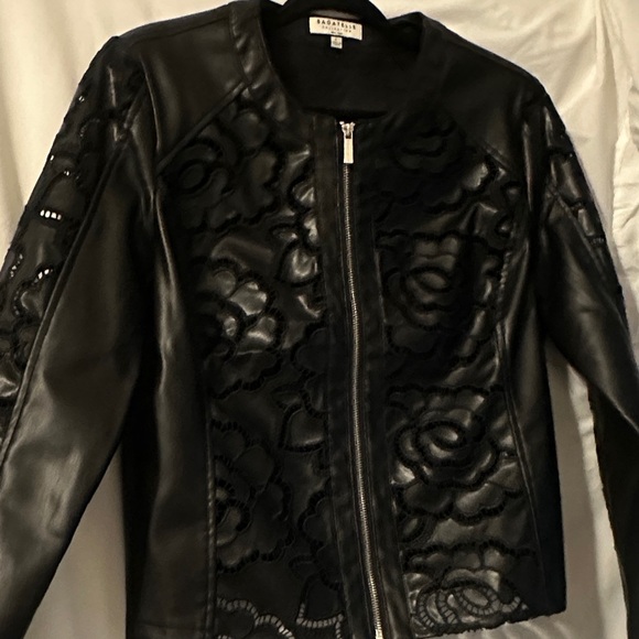 Sandro Black Leather Jacket with Floral Design - Picture 1 of 6